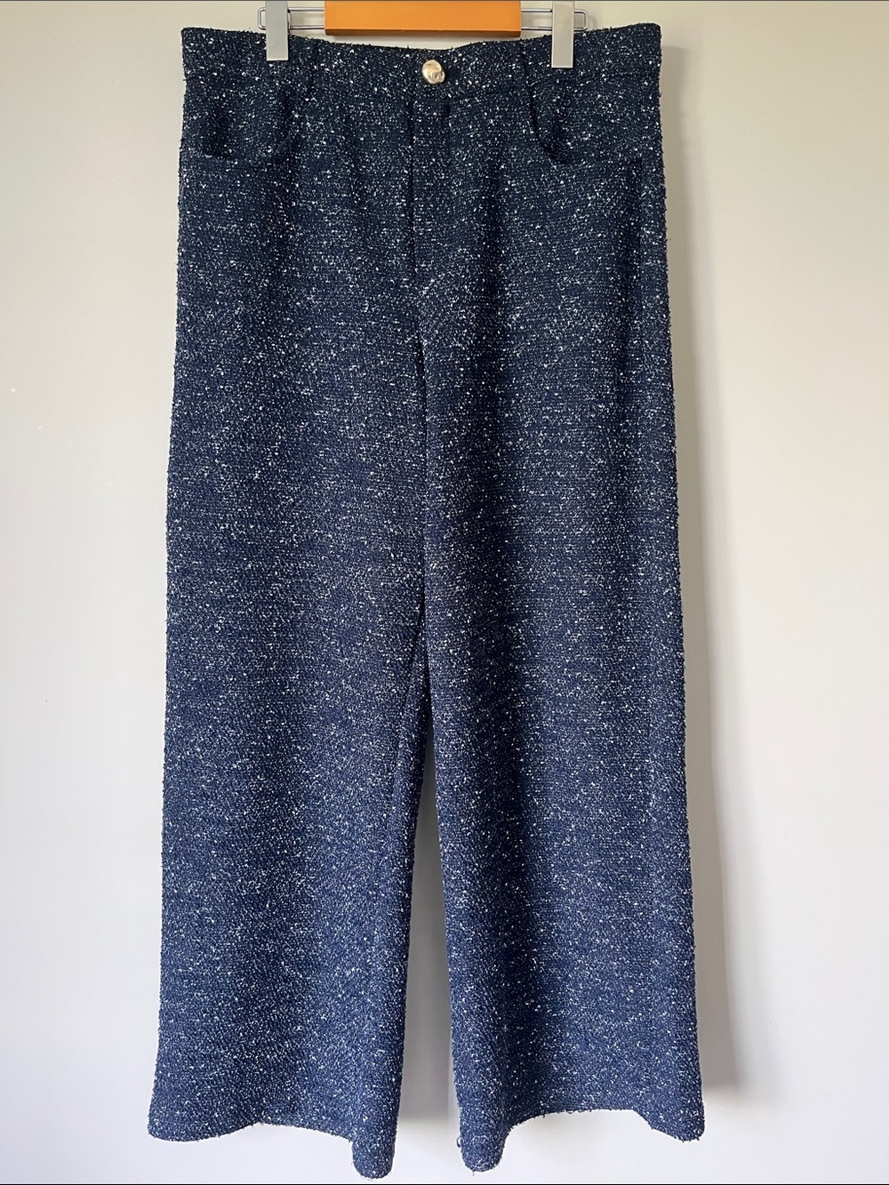 H&M Bouclé Tweed High Rise Wide Leg Pants Navy Blue Size Large - Picture 2 of 9